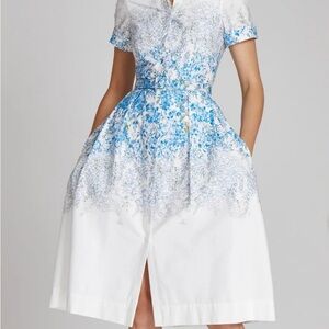 Rickie Freeman by Teri Jon Blue and White Floral Midi Belted Shirt Dress